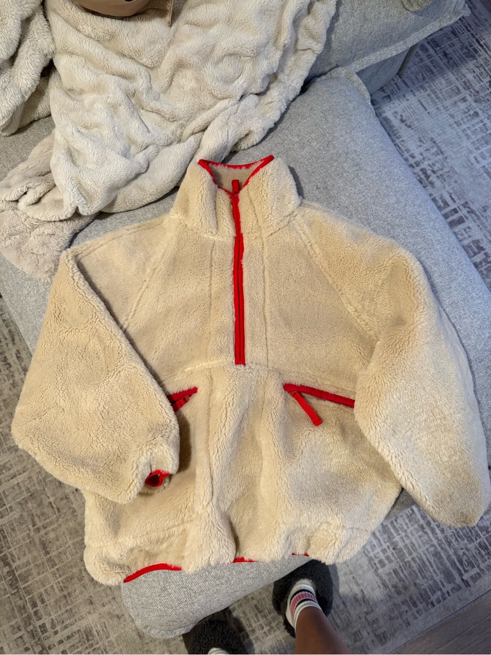 Rumored Cream Sherpa Jacket with Red Trim
